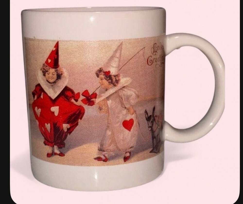 Vintage Victorian Valentine Love's Greeting Harlequin Clowns Ceramic Coffee Mug